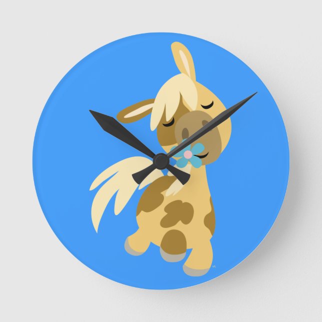Blå blomma och Tecknad Pony Wall Clock Rund Klocka (Framsida)