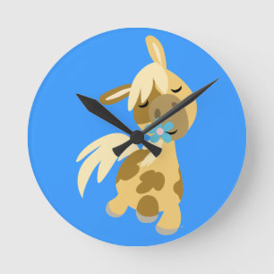 Blå blomma och Tecknad Pony Wall Clock Rund Klocka