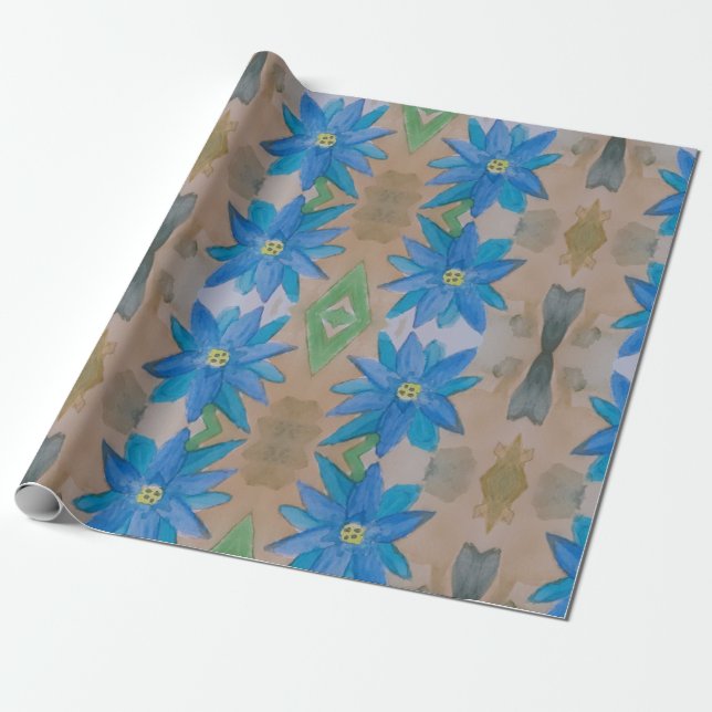 Blå Blomma Presentpapper (Utrullad)
