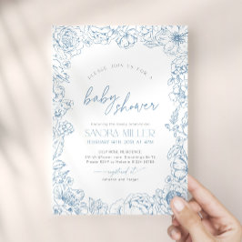Blå blomma Toile de Jouy Baby Shower Inbjudningar
