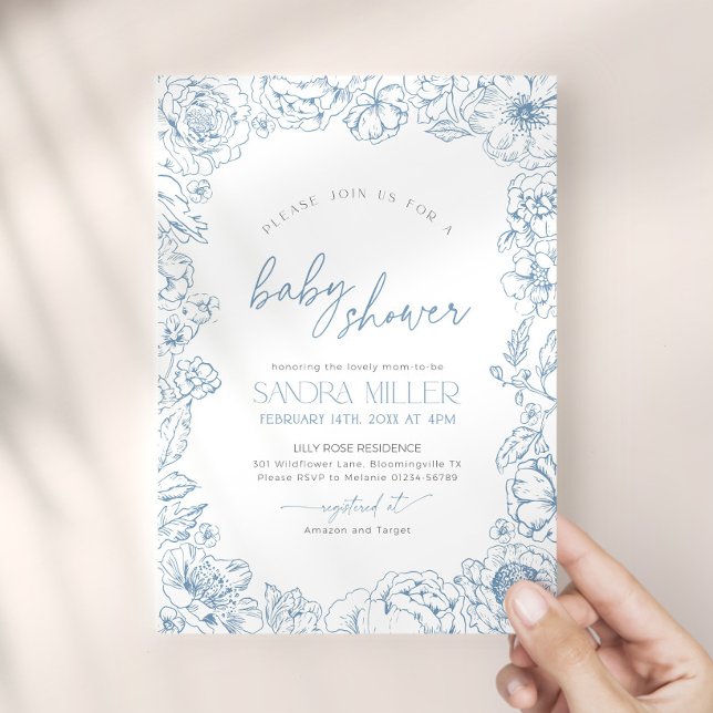Blå blomma Toile de Jouy Baby Shower Inbjudningar (Skapare uppladdad)