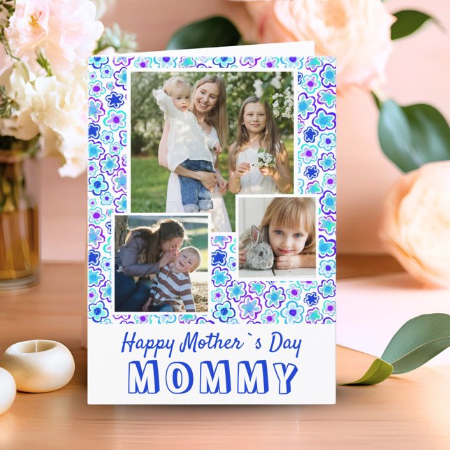 Blå blomman Mönster Lycklig Mor's Day 3 Photo Kort (Skapare uppladdad)