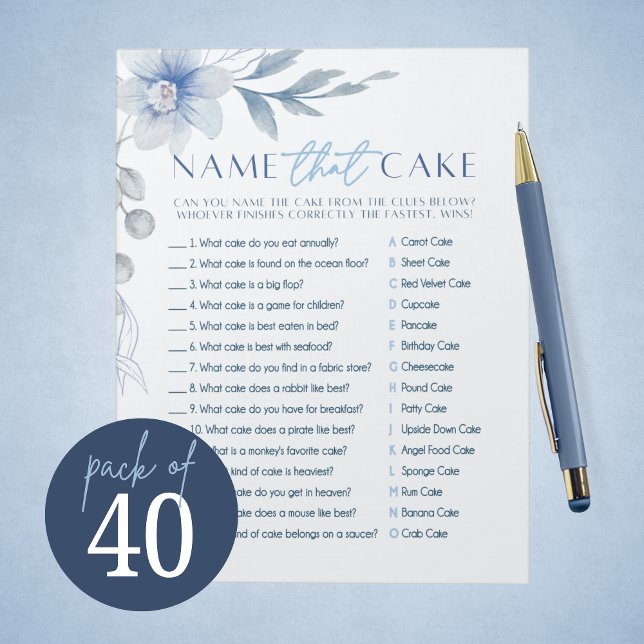 Blå blomman Namn i Cake Möhippa Game Pack Anteckningsblock (Beautiful Blue Watercolor Floral Name That Cake Bridal Shower Game Pack of 40 Games)