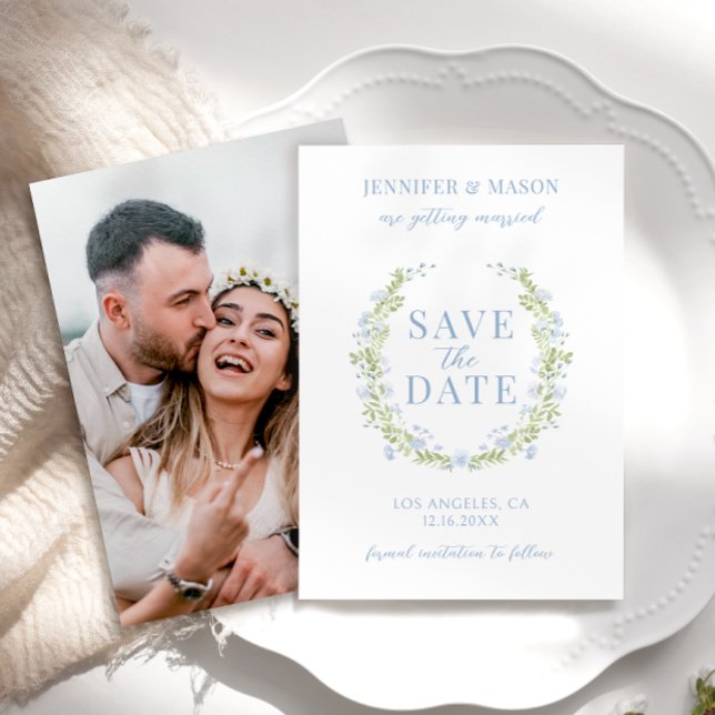 Blå blomman vår Spara fotoinbjudan för datum Inbjudningar (Skapare uppladdad)