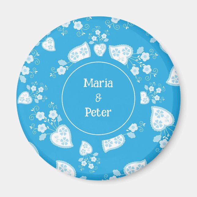 Blå blommar hjärta med blommor mönster magnet (Framsidan)