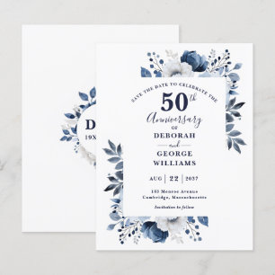 Blå Blommig 50-års Bröllopsdag Spara Datum Vykort