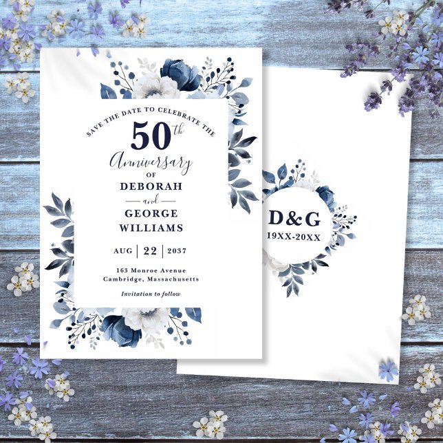 Blå Blommig 50-årsdag Spara Datumet (Blue Floral 50th Wedding Anniversary Save The Date)