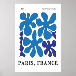Blå Blommig Abstrakt Konsttryck 1950-talets Paris Poster
