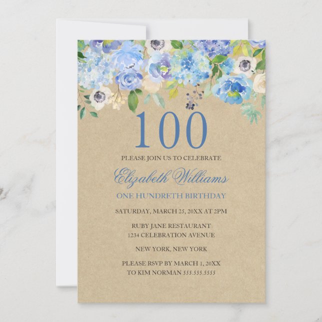 Blå Blommig Akvarell 100-års Födelsedagsinbjudan Inbjudningar (Framsida)