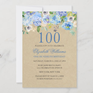Blå Blommig Akvarell 100-års Födelsedagsinbjudan Inbjudningar