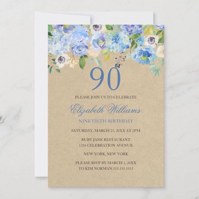 Blå Blommig Akvarell 90-års Födelsedagsinbjudan Inbjudningar (Framsida)
