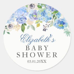 Blå Blommig Akvarell Baby Shower Klistermärke