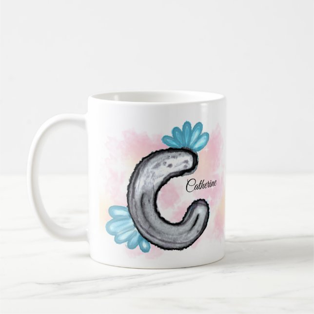 Blå Blommig Akvarell Bokstav C Kaffemugg (Vänster)