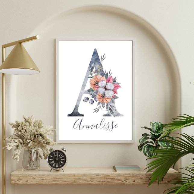 Blå Blommig Akvarell Monogram A Namn  Poster (Monogram A Blue Floral Watercolor Wall Art for Nursery or Girls Room )