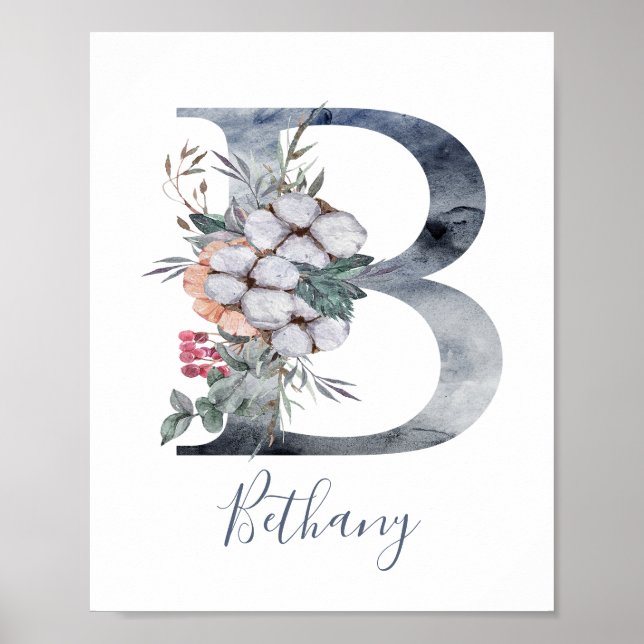 Blå Blommig Akvarell Monogram B Efternamn Affisch (Framsidan)