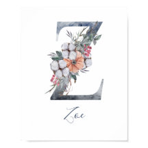 Blå Blommig Akvarell Monogram Z Efternamn Affisch