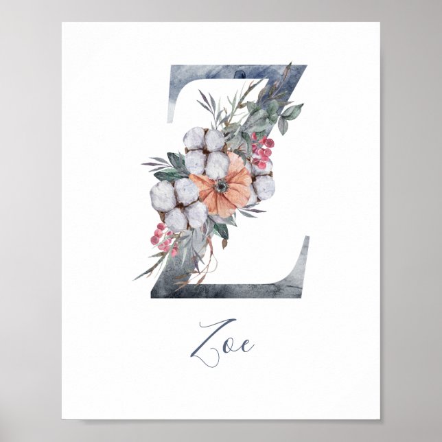 Blå Blommig Akvarell Monogram Z Efternamn Affisch (Framsidan)