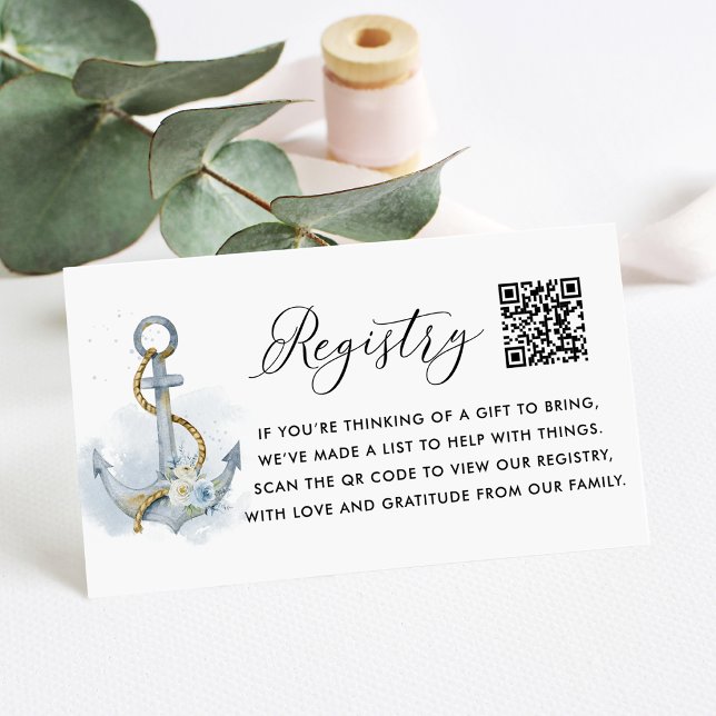Blå Blommig Ankar Babyshower QR-kod Presentregiste Tilläggskort (Baby Shower QR code registry card featuring watercolor floral anchor with blue and white flowers.)