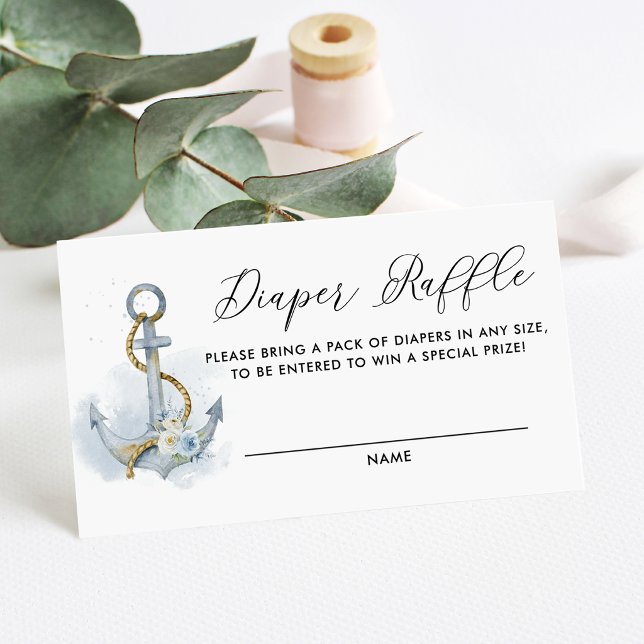 Blå Blommig Ankar Nautilus Blöja Lotteri Kort (Nautical diaper raffle card featuring watercolor floral anchor with blue and white flowers. )