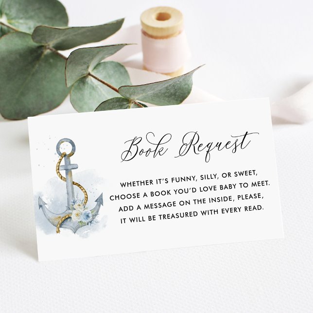Blå Blommig Ankar Nautilus Bok Begäran Tilläggskort (Nautical theme book request card featuring watercolor floral anchor with blue and white flowers.)