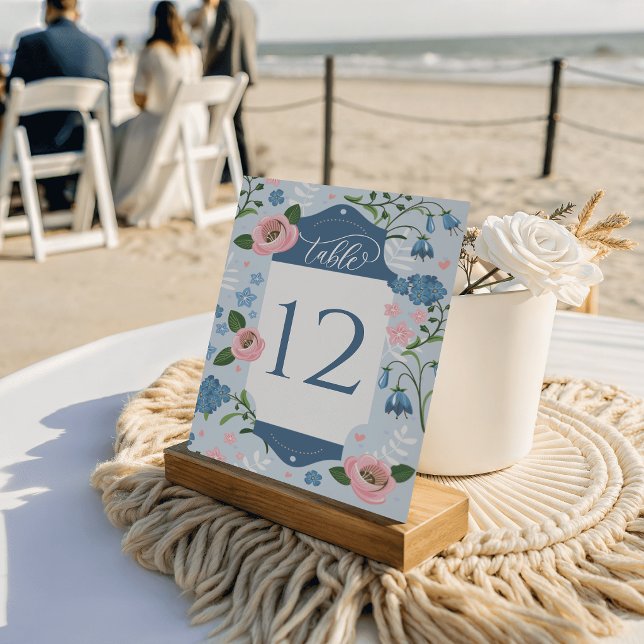 Blå Blommig Art Deco Bröllopsbordskort Sällskap Bordsnummer (Art Deco Floral Wedding Table Cards Seating)