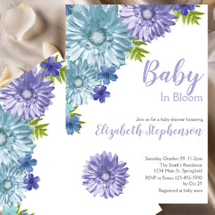 Blå Blommig Baby In Bloom Blommig Bebisfest Inbjudningar