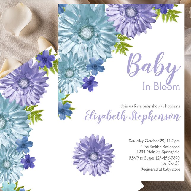 Blå Blommig Baby In Bloom Blommig Bebisfest Inbjudningar (Skapare uppladdad)