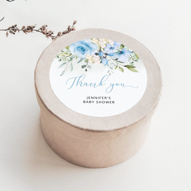 Blå blommig baby pojke shower klassisk rund dekal runt klistermärke (Skapare uppladdad)