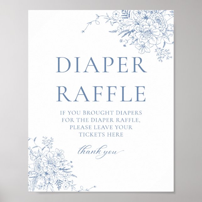 Blå Blommig Baby Shower Blöja-Raffle Poster (Framsidan)