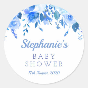Blå blommig baby shower dekal, Blå dop Runt Klistermärke