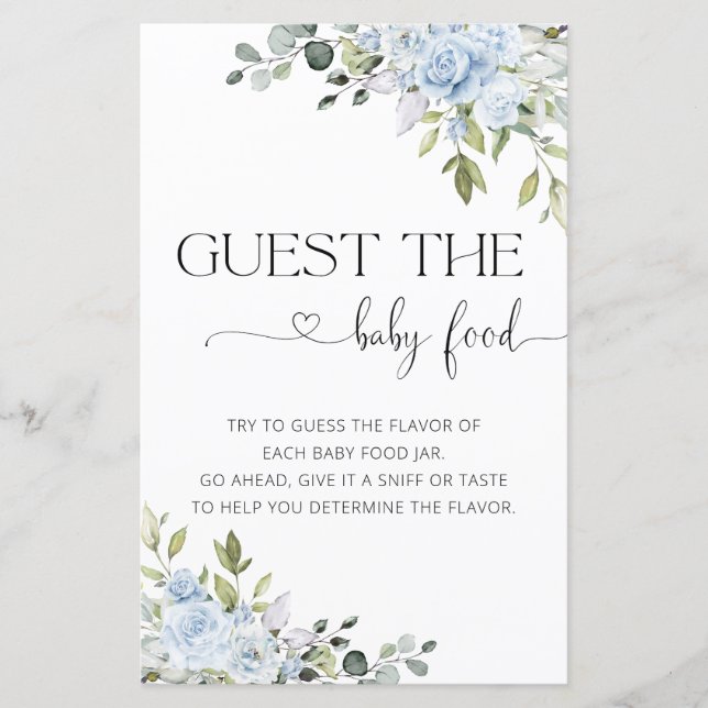 Blå Blommig Baby Shower Gissa Barnmat Spelet (Framsida)