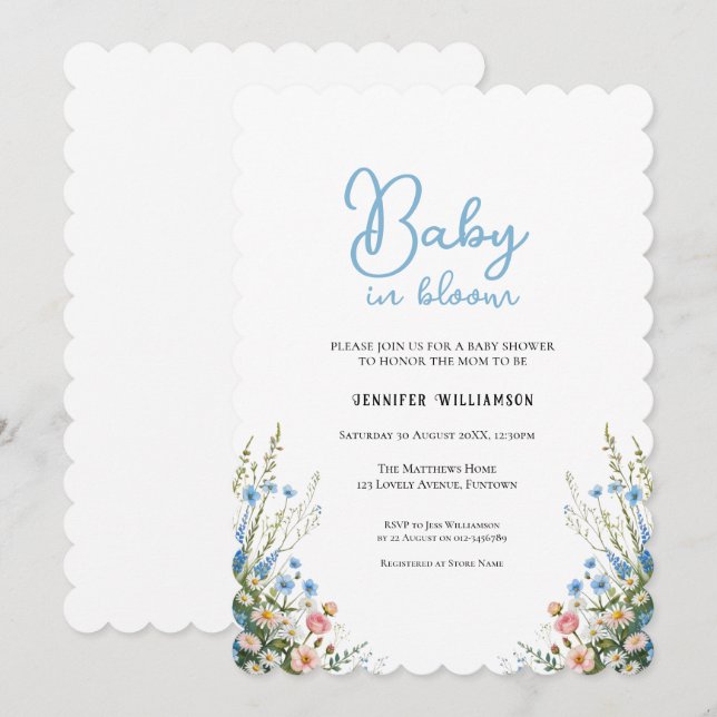 Blå Blommig Baby Shower inbjudan, Bebis i Blom Inbjudningar (Fram/baksida)