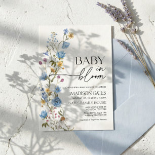 Blå Blommig Baby Shower Inbjudan, Bebis i Blomning Inbjudningar