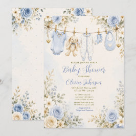 Blå Blommig Baby Shower Klädstreck Babyfirande Inbjudningar