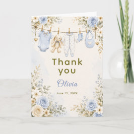 Blå Blommig Baby Shower Klädstreck Babyfirande Tack Kort