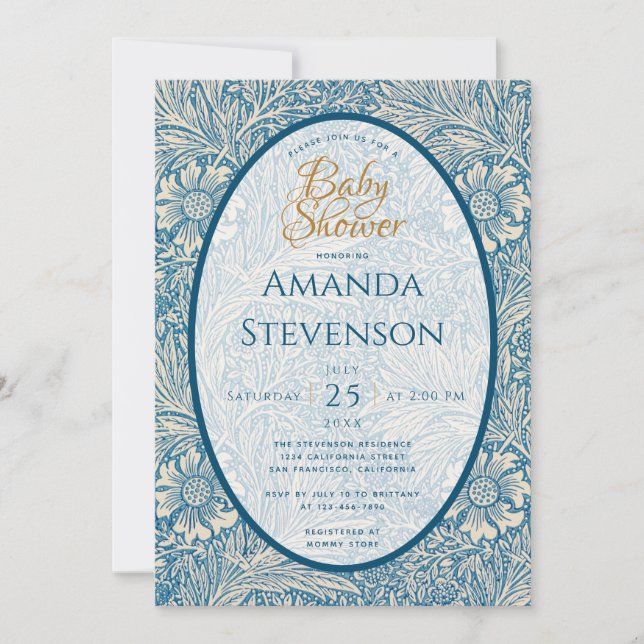 Blå Blommig Baby Shower Marigold William Morris Inbjudningar (Framsida)