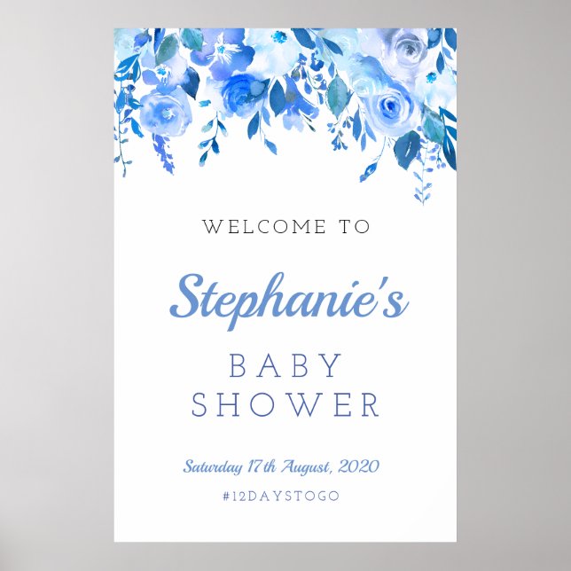 Blå blommig baby shower skylt, Dop välkommen Poster (Framsidan)