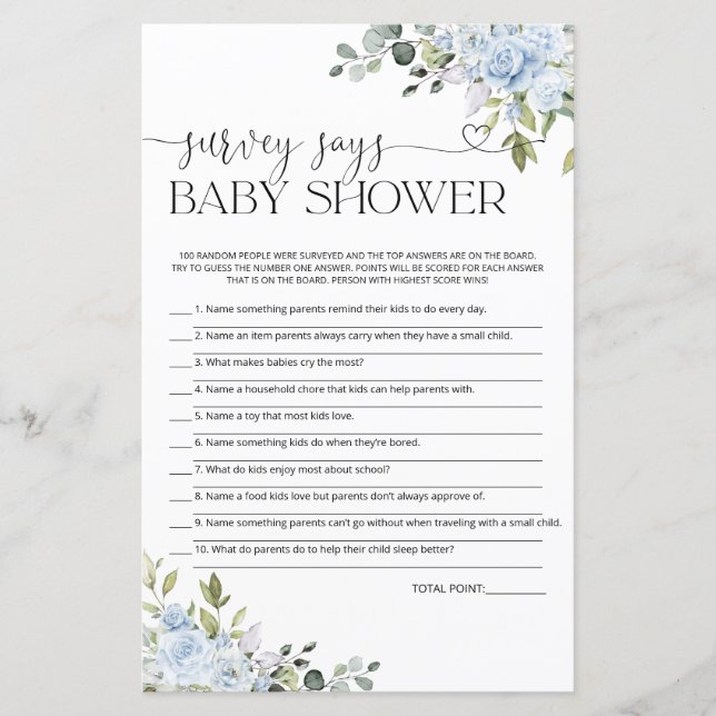 Blå Blommig Baby Shower Undersökning Säger Spelkor (Framsida)