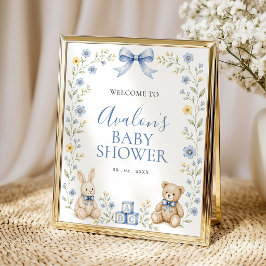 Blå Blommig Barnkammare Baby Shower Välkomstskylt Poster