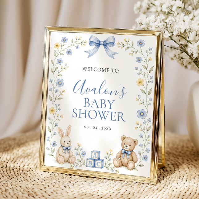Blå Blommig Barnkammare Baby Shower Välkomstskylt Poster (Skapare uppladdad)