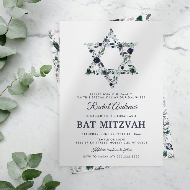 Blå Blommig Bat Mitzvah Inbjudningar (Skapare uppladdad)