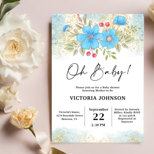 Blå Blommig Bebis Shower Inbjudningar (Skapare uppladdad)