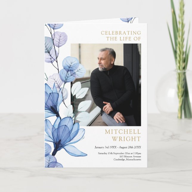 Blå Blommig Begravning Minnesgudstjänst Ordning Fö Program (Framsida)