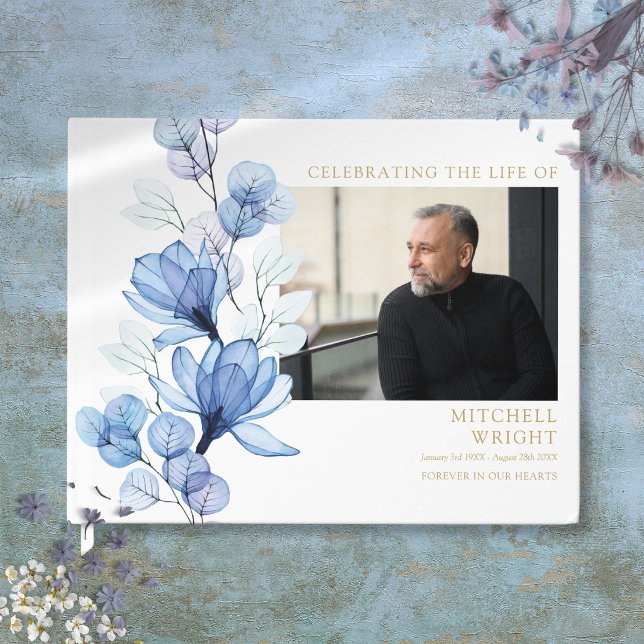 Blå Blommig Begravningsfirande Av Livet Foto Gästböcker (Blue Floral Funeral Celebration Of Life Photo Guest Book)
