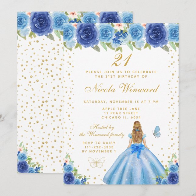 Blå Blommig Blond Hår Prinsessa Födelsedagsfest Inbjudningar (Fram/baksida)