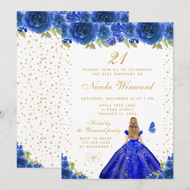 Blå Blommig Blond Hår Prinsessa Födelsedagsfest Inbjudningar (Fram/baksida)