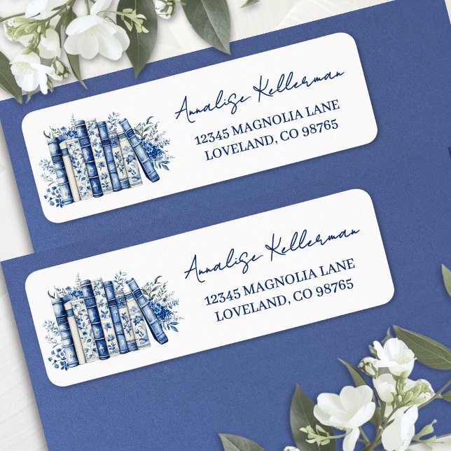 Blå Blommig Bok Returadress Etikett (Blue Floral Book Return Address Label)