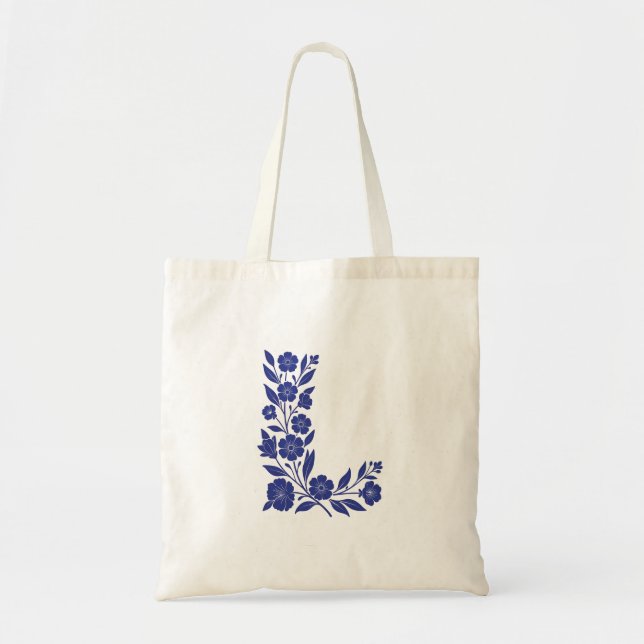 Blå Blommig Bokstav L Monogram Konst Handväska Tygkasse (Framsidan)
