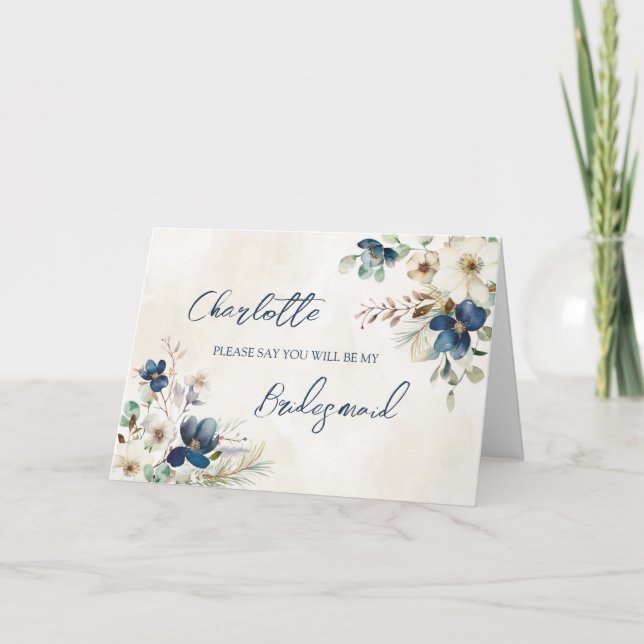Blå Blommig Bröllop Brudtärna Förslags Kort (Framsida)