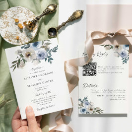 Blå Blommig Bröllop Elegant Vattenfärg QR-kod Inbjudningar